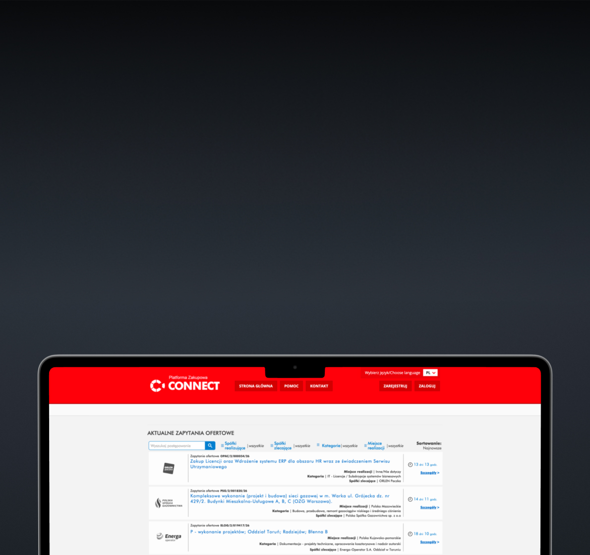 Laptop z otwartą Platformą Zakupową CONNECT, lista aktualnych zapytań ofertowych.