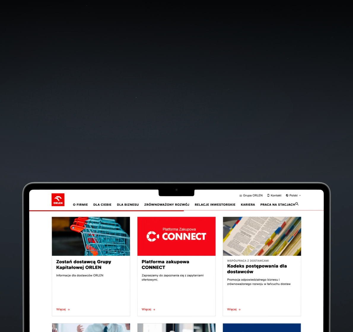 Laptop na ciemnym tle z otwartą stroną ORLEN: Zostań dostawcą, Platforma CONNECT i Kodeks postępowania dla dostawców.
