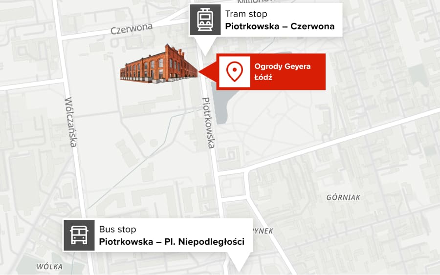 Map to Ogrody Geyera in Łódź, with tram stop Piotrkowska - Czerwona and bus stop Piotrkowska - Plac Niepodległości.