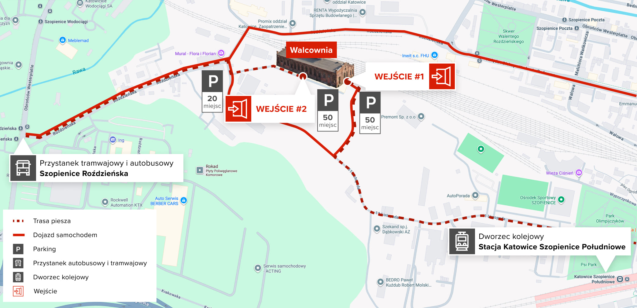 Mapa dojazdu do Walcowni — wejścia i parkingi w Katowicach.