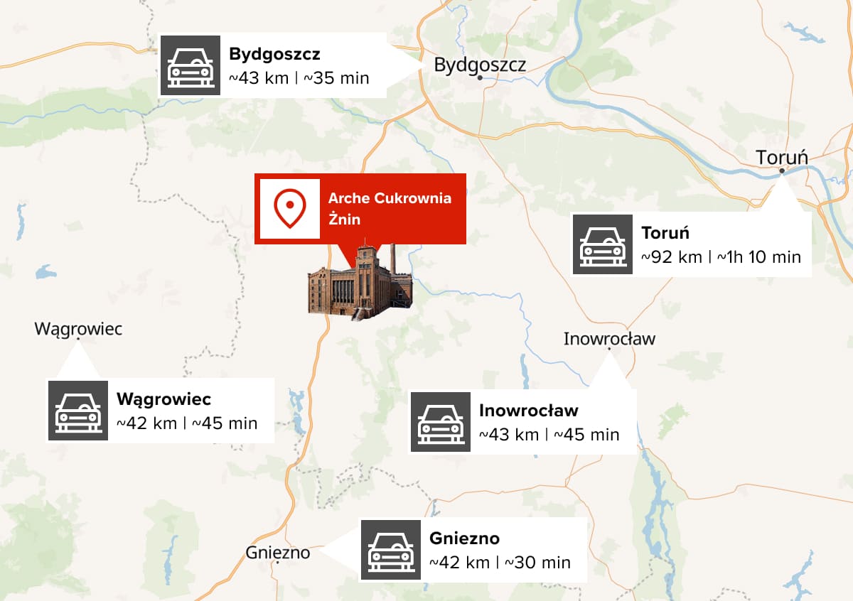 Mapa dojazdu do Arche Cukrownia Żnin z czasem przejazdu z Bydgoszczy, Gniezna, Inowrocławia, Torunia i Wągrowca.